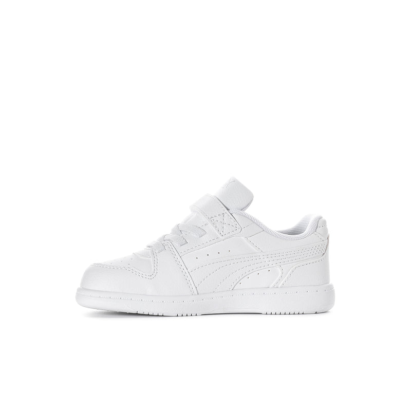 White toddler low-top sneaker side profile with hook-and-loop strap and lace loops