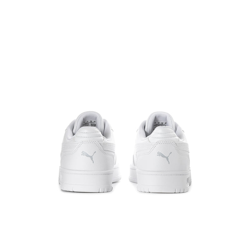 Back view of youth white Puma sneakers with heel tab and padded collar
