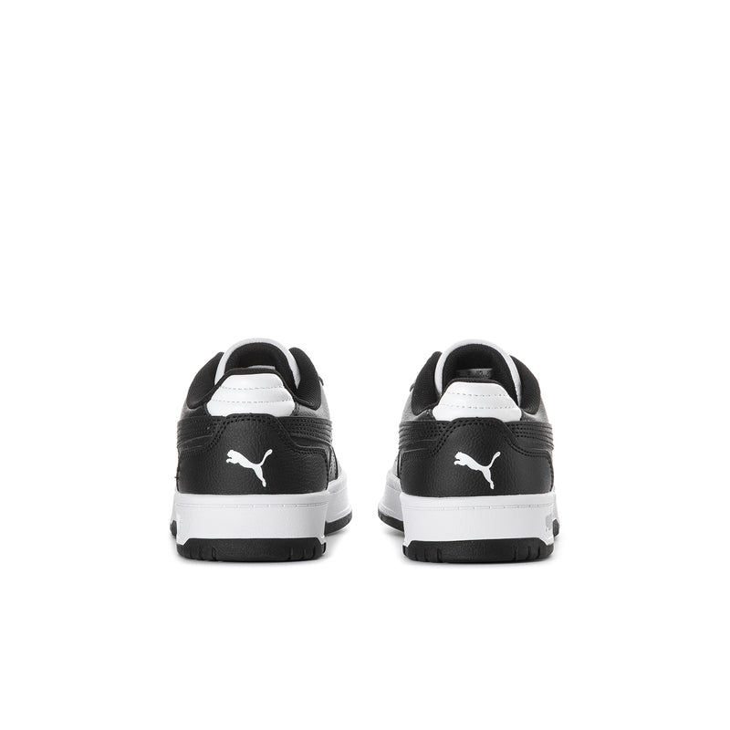 Back view of youth low-top lace-up sneakers in black and white with PUMA logo