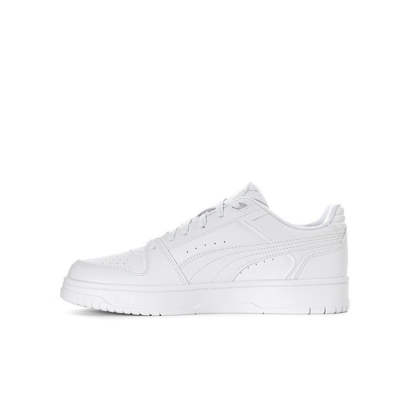 Single youth Puma white low-top sneaker, lace-up front and textured side panel