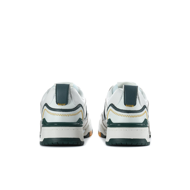 Recoil Targon men's sneakers rear view, white with dark green heel tabs and orange stripe