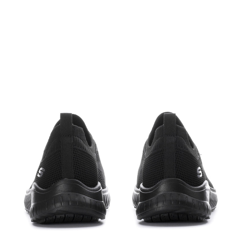 Black mesh sneaker heel view with pull tab and textured sole