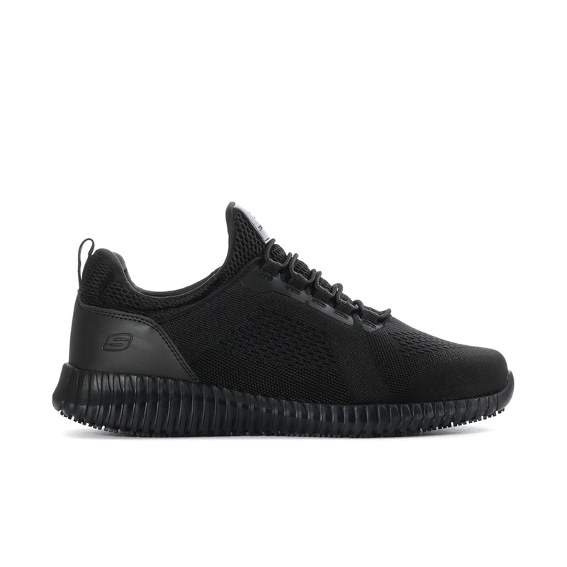 Black low-top lace-up knit sneakers with ribbed sidewall sole, side profile view