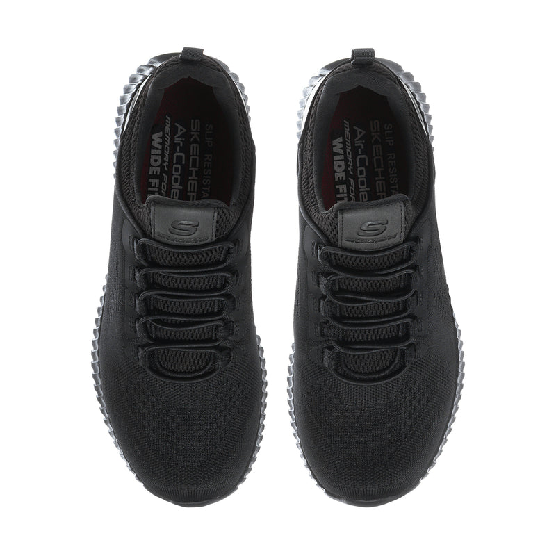 Black sneakers heel-to-toe view with lace system and cushioned tongue, outsole tread