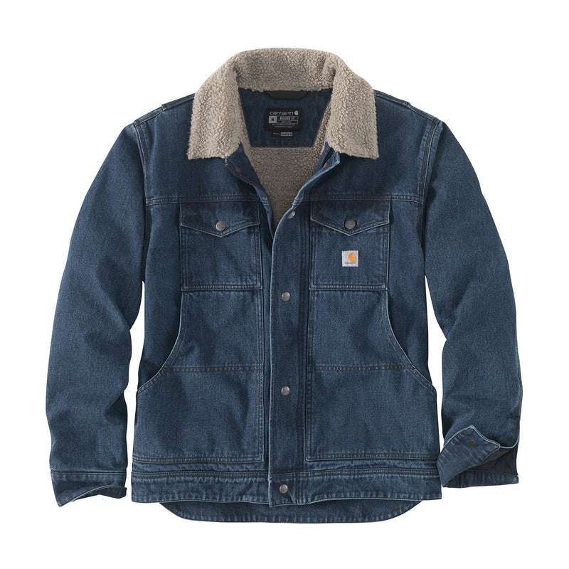 Men's denim jacket with sherpa-lined collar, button front, logo patch