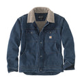 Men's denim jacket with sherpa-lined collar, button front, logo patch