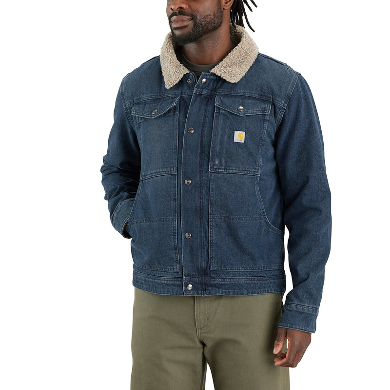 Men's relaxed-fit denim jacket with sherpa collar and chest pockets