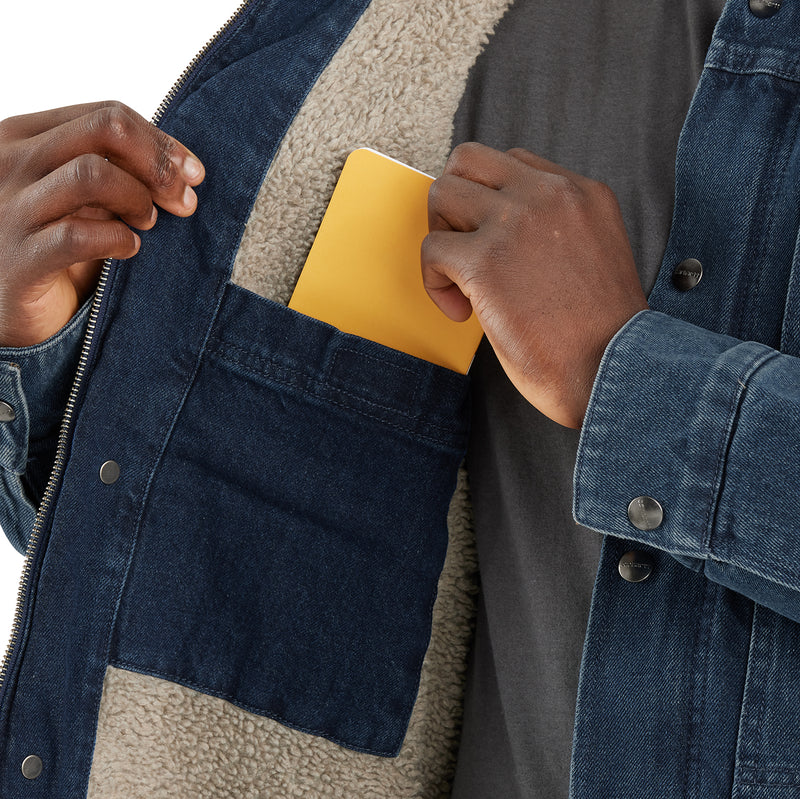 Denim jacket open to show sherpa lining and inner pocket