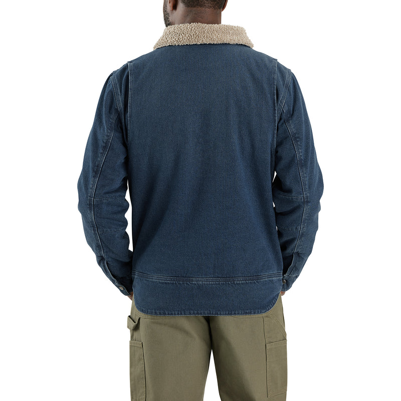 Back view of men's denim sherpa jacket with full sherpa collar