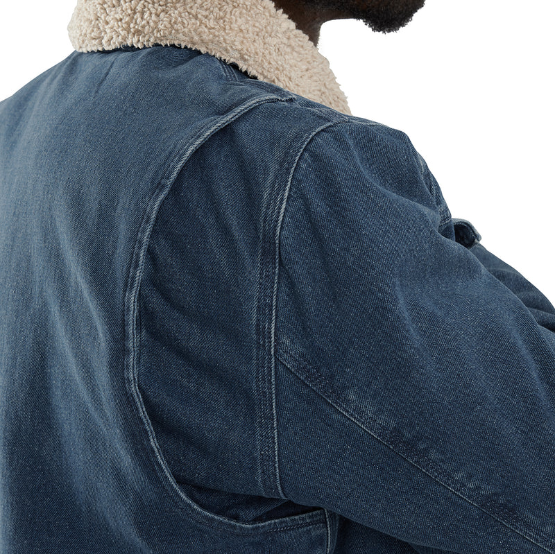 Close-up of men's denim jacket sleeve seam and sherpa collar edge