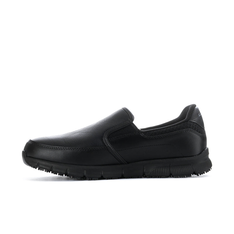 Men's black slip-on shoe with padded collar and stitched forefoot