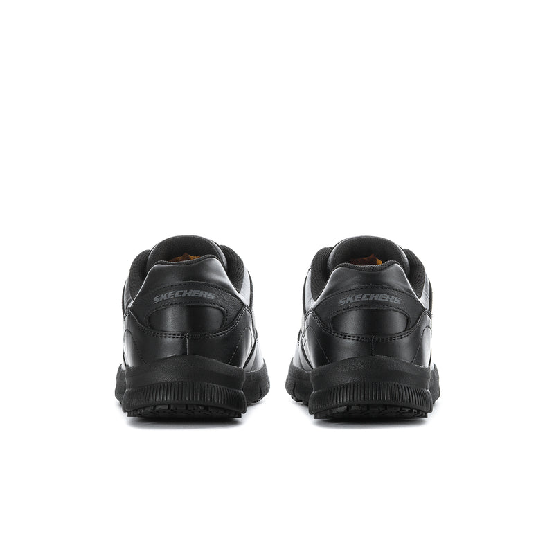 Men's black lace-up sneakers, rear view with heel tab and cushioned sole
