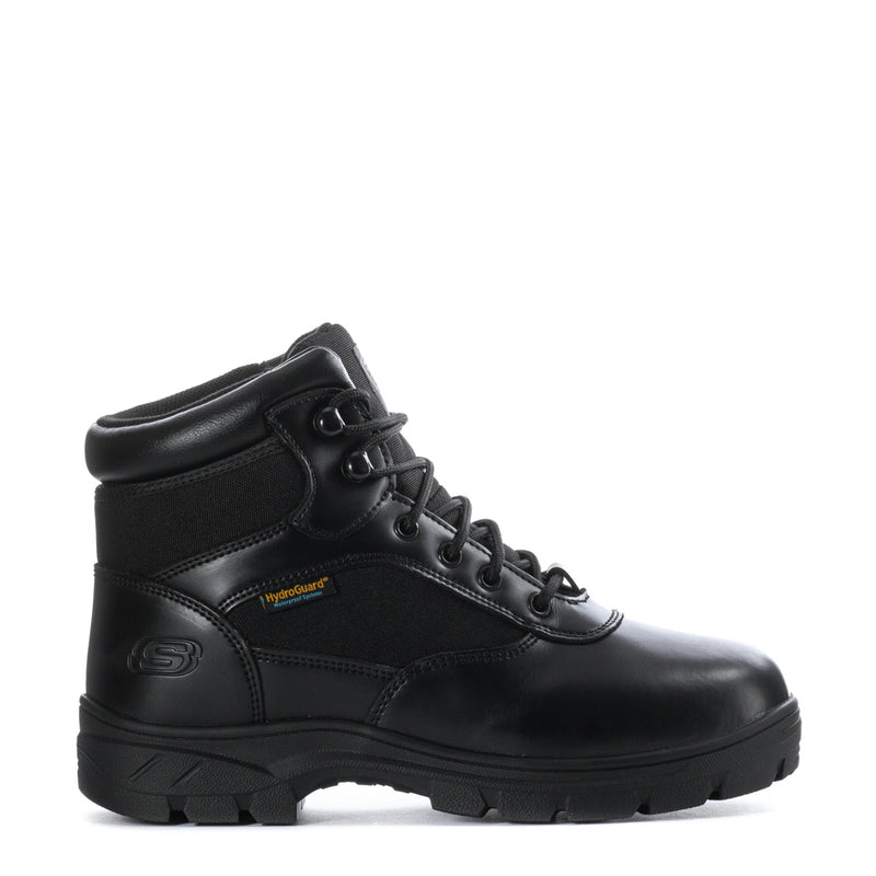 Men's black waterproof work boots with lace-up front and padded collar