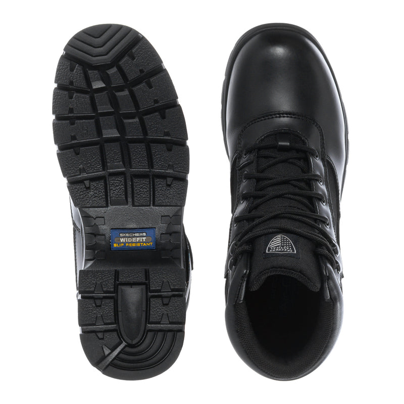 Black work boot outsoles and toe view with laces and cushioned collar