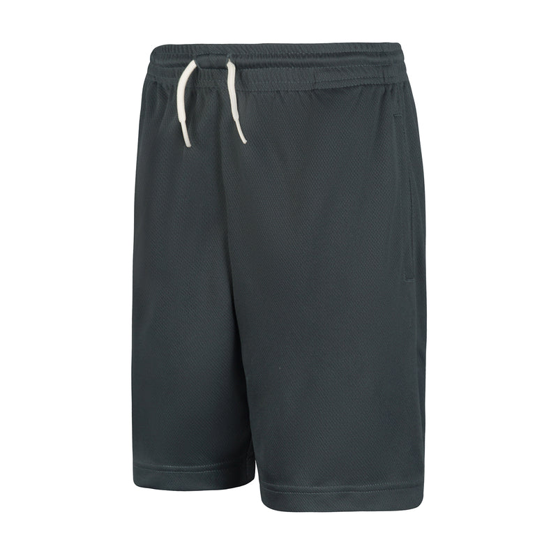 Youth relaxed mesh shorts, dark smoke grey, drawstring ties at the waistband