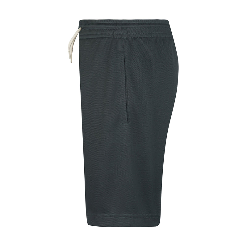 Youth relaxed mesh shorts dark smoke grey, back view with center seam