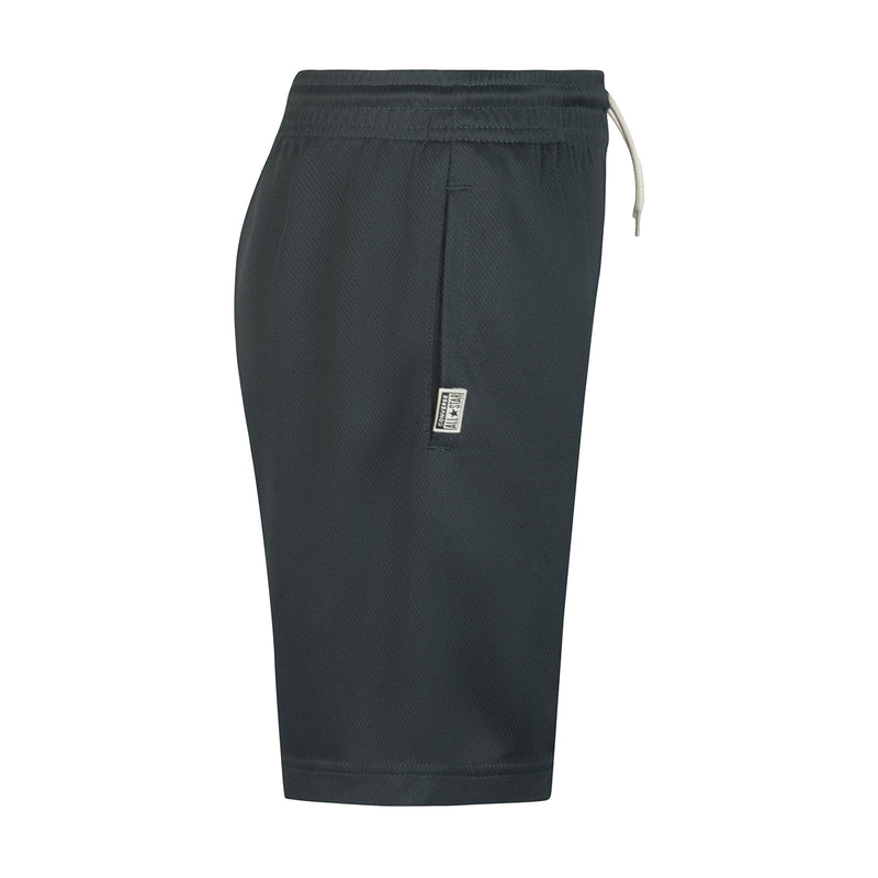Youth relaxed mesh shorts dark smoke grey, side pocket and small logo label