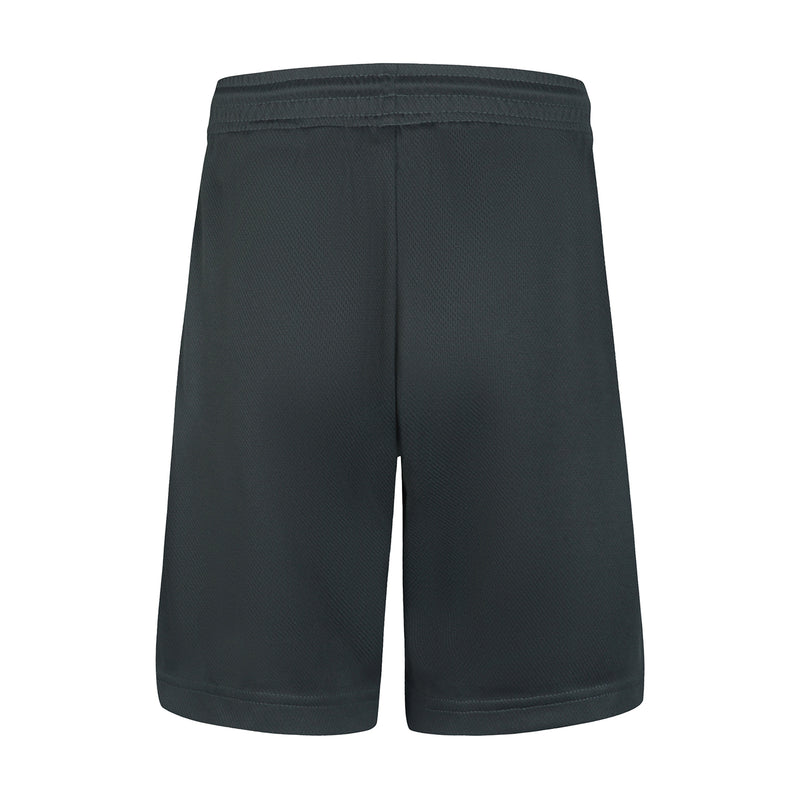 Youth relaxed mesh shorts dark smoke grey, front view with straight hem