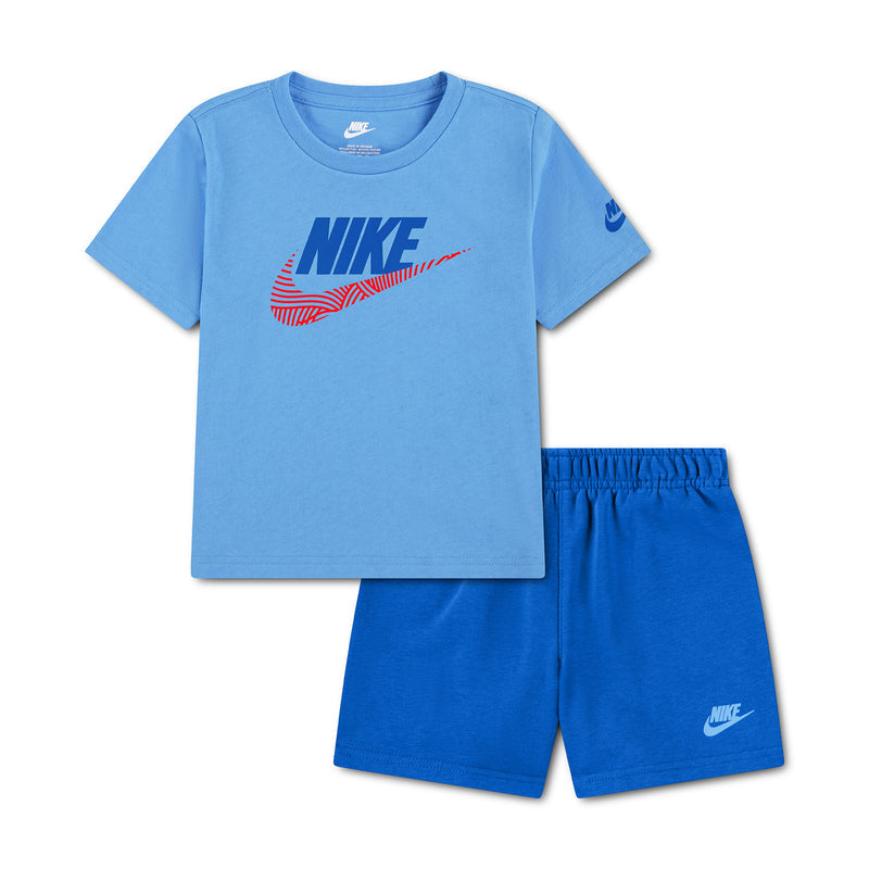 Toddler short set in light blue T-shirt with Nike logo and matching blue shorts