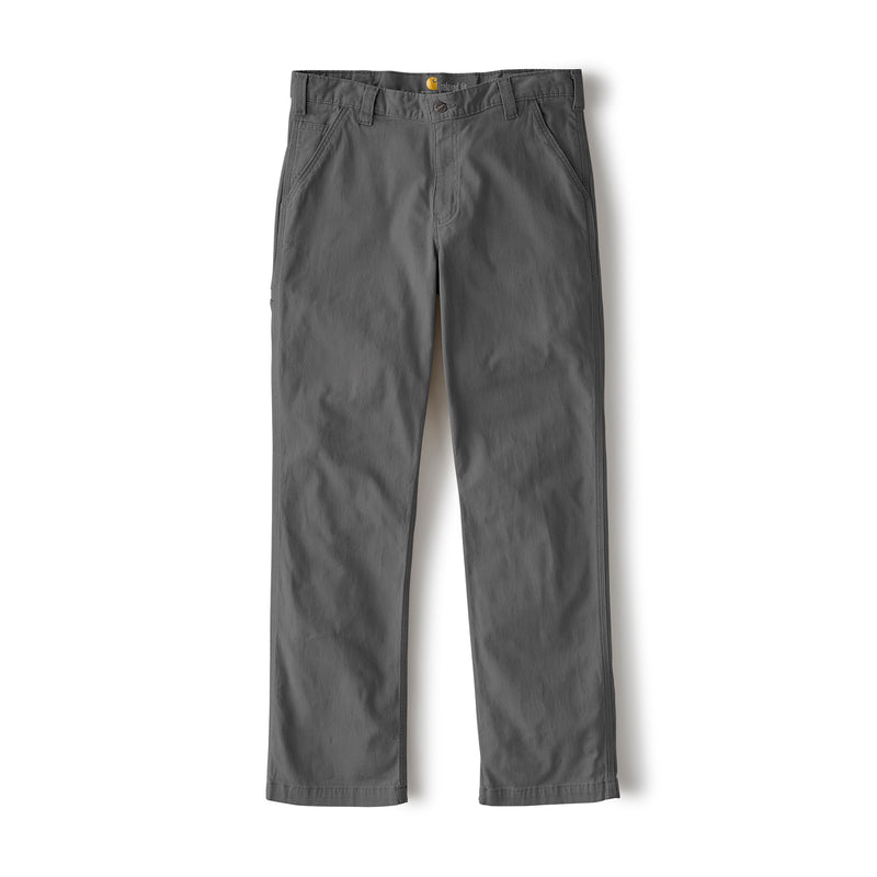 Men's relaxed straight dungaree pants in gravel gray, front view with belt loops.