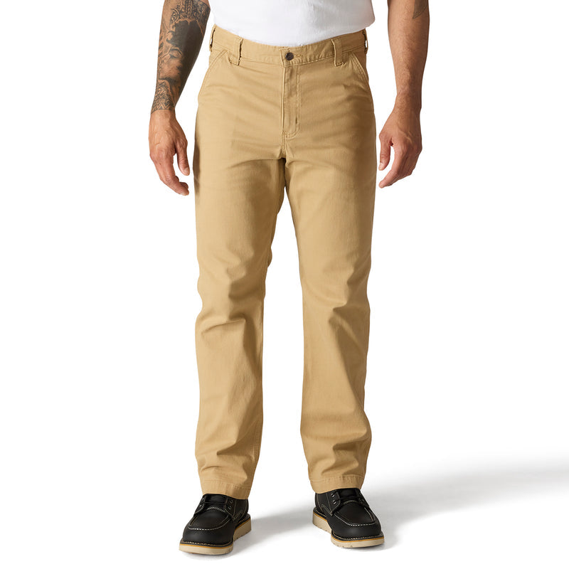 Dark khaki relaxed straight dungaree pants on model, front view with cuffed hem