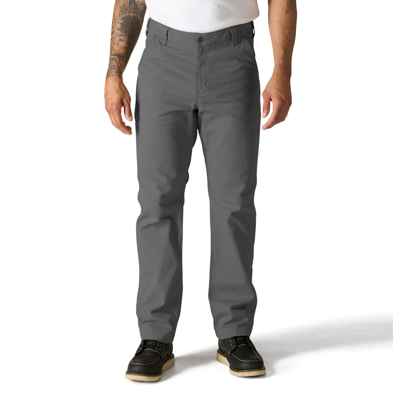 Men's relaxed straight dungaree pants in gravel gray, full-length side view, straight legs.