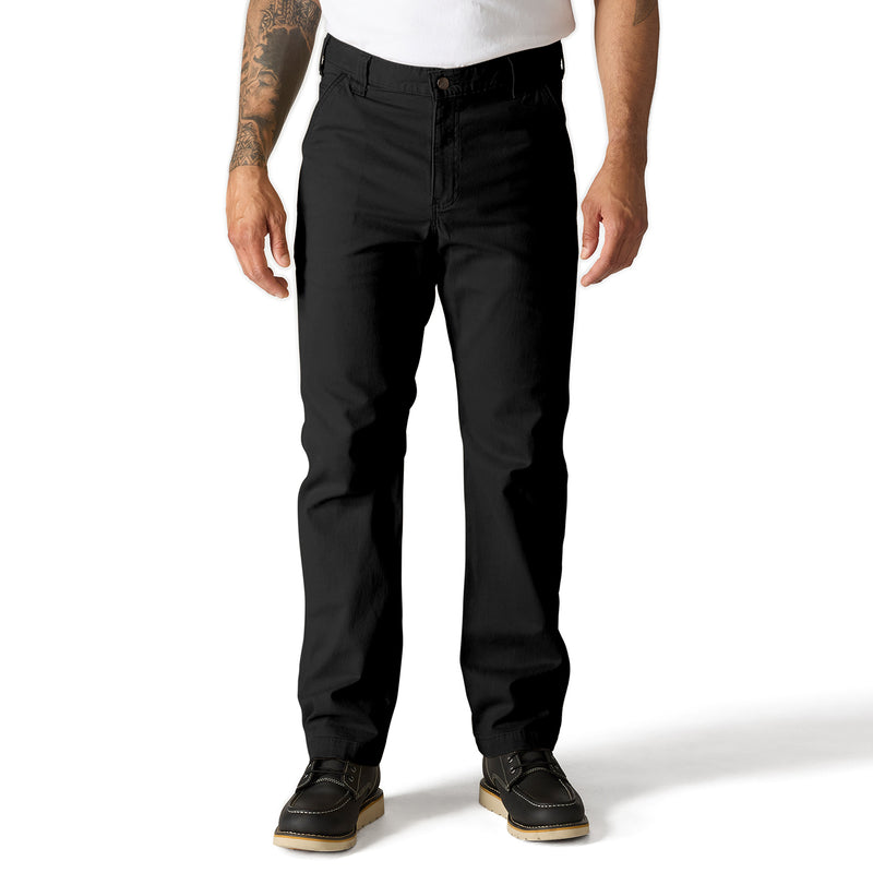 Relaxed straight black dungaree pants, full-length view with button waist