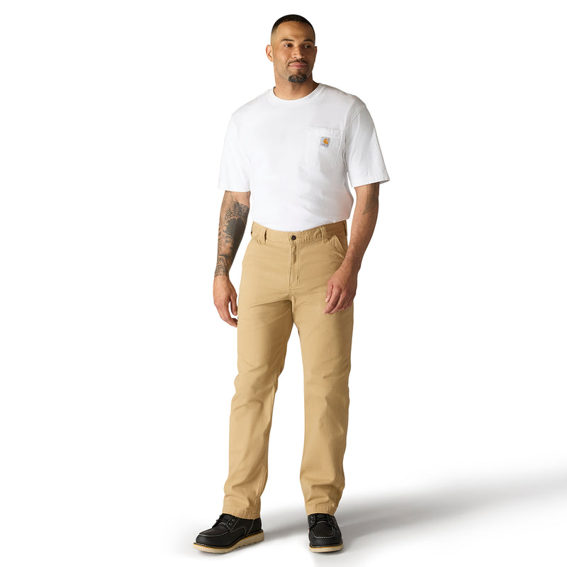 Dark khaki relaxed straight dungaree pants on model, full-body side view