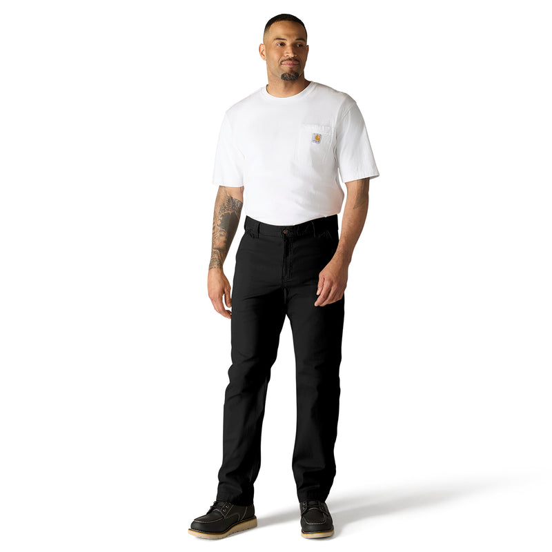 Relaxed straight black dungaree pants with belt loops and straight legs