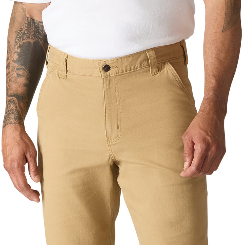 Dark khaki dungaree pants with front pockets and centered button closure