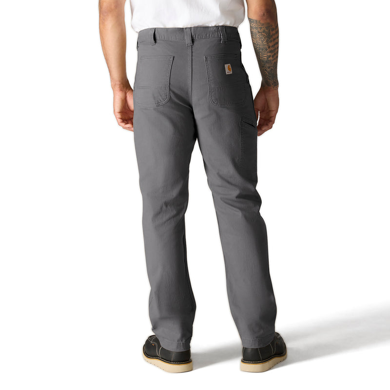 Men's relaxed straight dungaree pants in gravel gray, side view with back pocket detail.