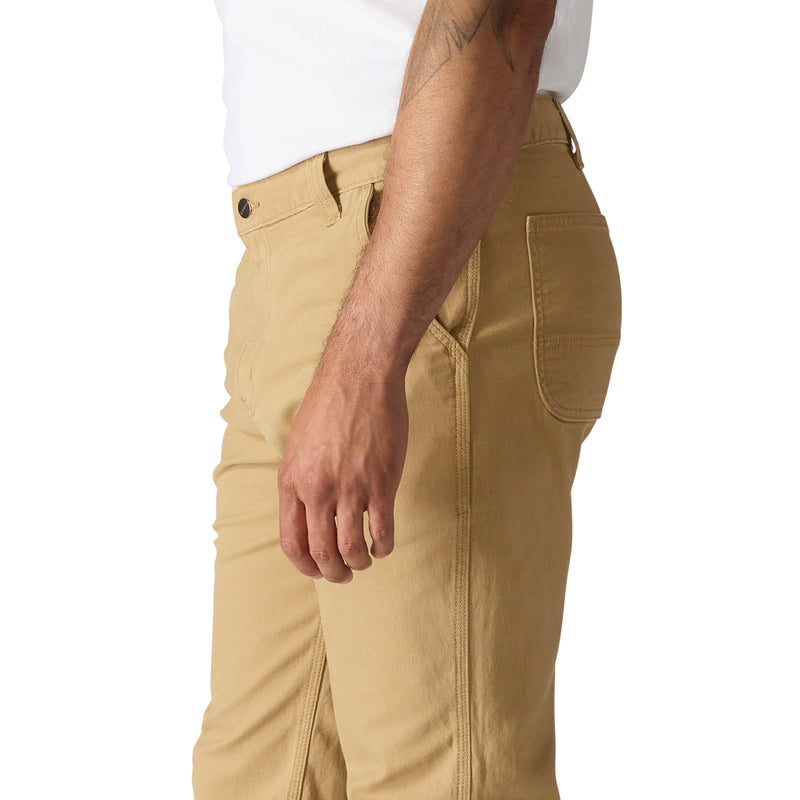 Dark khaki dungaree pants with side pockets and stitched seams