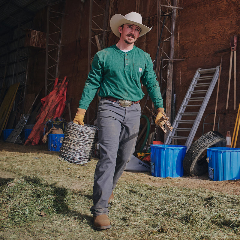 Men's relaxed straight dungaree pants in gravel gray, indoor workwear with straight leg opening.