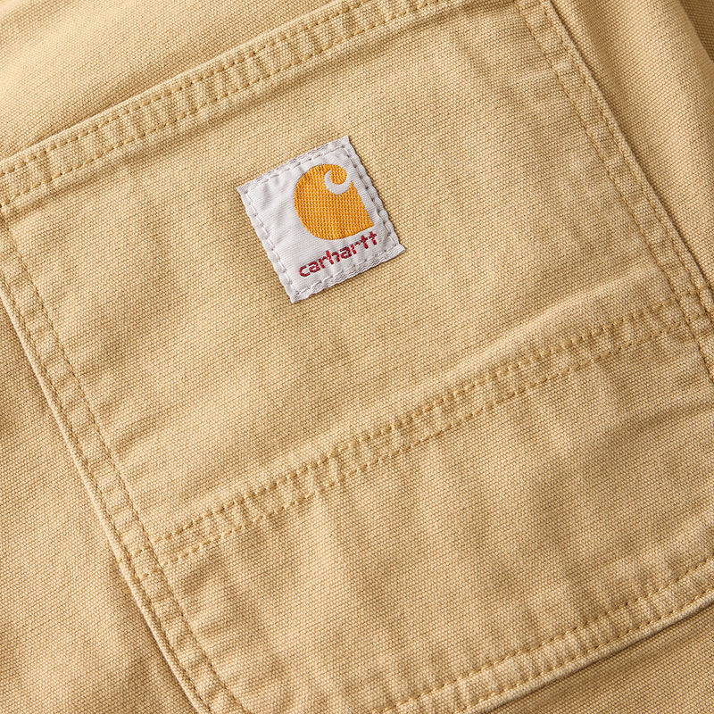 Dark khaki dungaree pocket label with carhartt logo patch