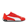Women's red suede sneakers with white stripe and PUMA logo