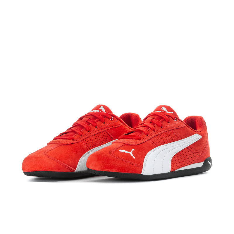 Women's red suede sneakers, side view with white midsole stripe