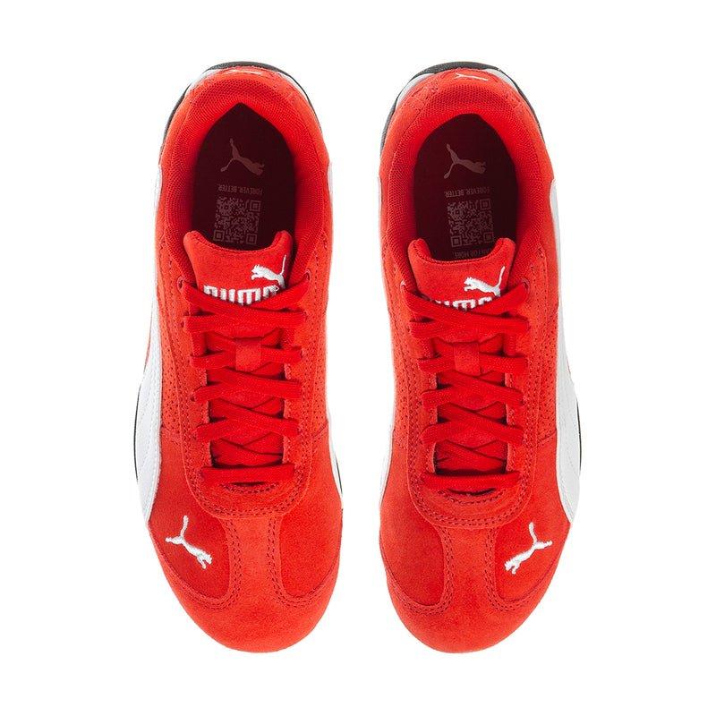 Women's red suede sneakers, lace-up front with mesh texture and PUMA logo