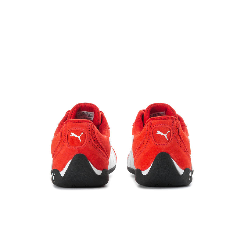 Women's red suede sneakers, heel view with black detail and PUMA logo
