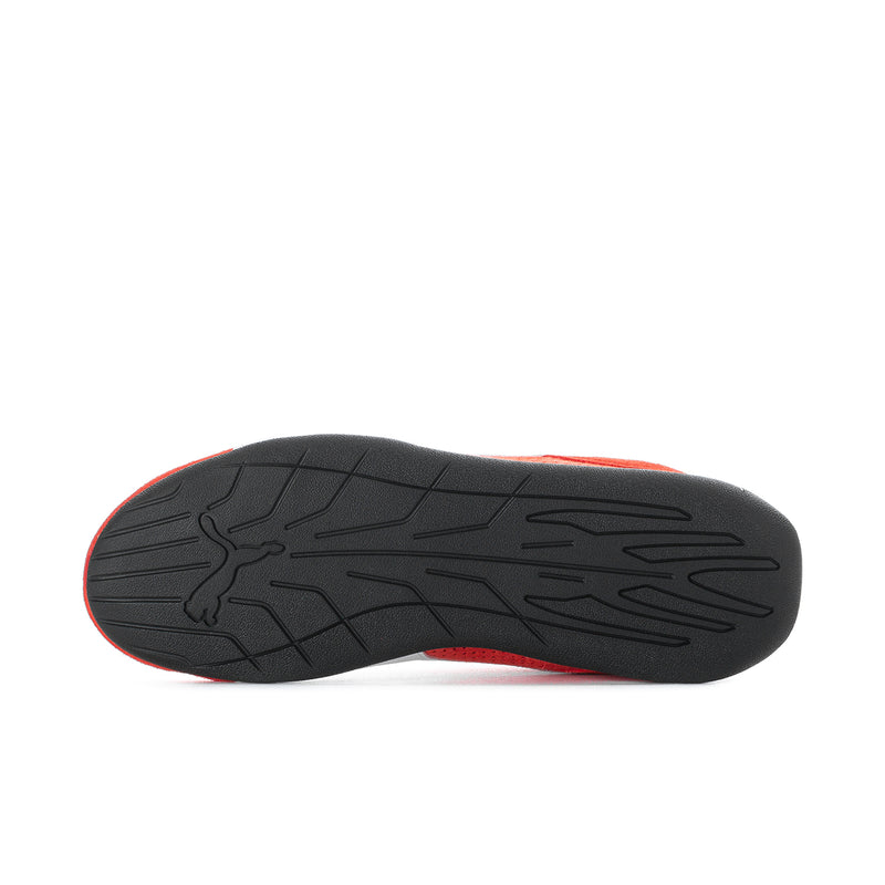 Women's red suede sneakers, black outsole tread with orange edge