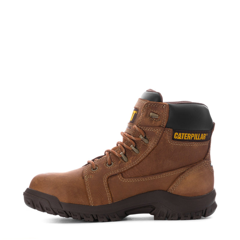 Women’s Caterpillar CT WP work boot, leather brown side view with CAT logo