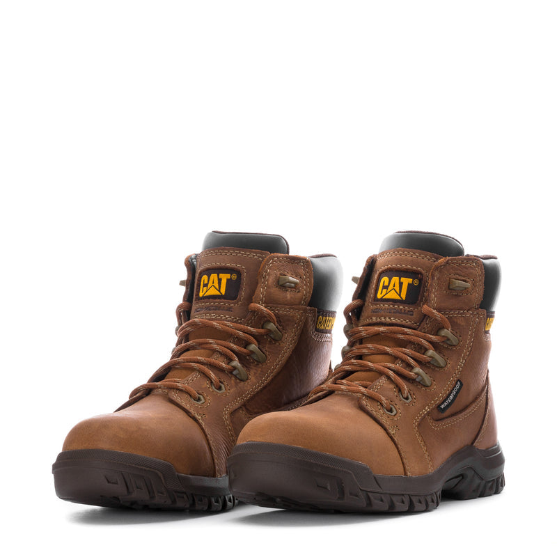 Pair of women’s Caterpillar CT WP work boots, leather brown, laced with CAT badges
