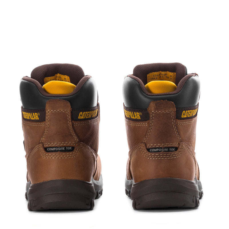 Women’s Caterpillar CT WP work boots back view, leather brown with composite toe