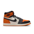 Men's high-top sneakers with orange, black, and white leather upper, lace-up.