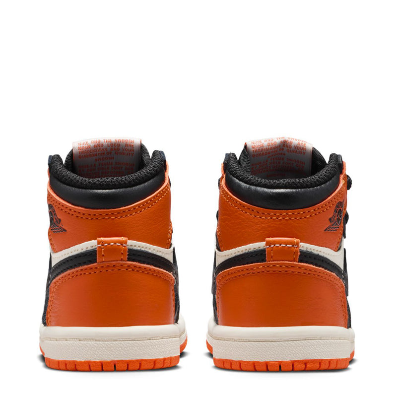 Toddler high-top sneakers with orange heel panels, black collar, and white side stripe
