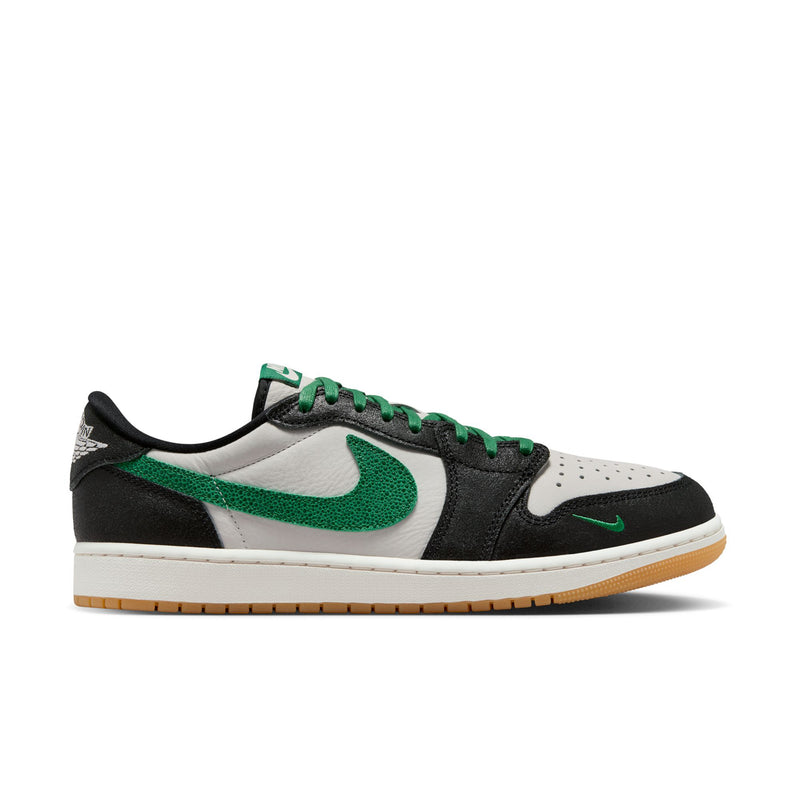 Men's low-top sneakers in black, white, and green with lace-up and gum sole.