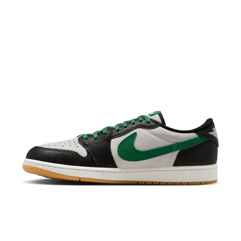 Men's low-top sneakers with green logo on white panels and gum sole.