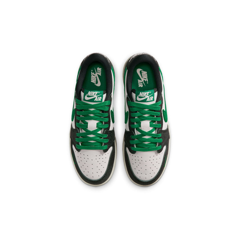 Youth sneakers pair, front view, green laces and Nike Air tongue label