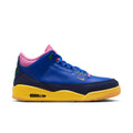 Men's retro high-top sneakers in blue with navy accents and yellow sole, lace-up.