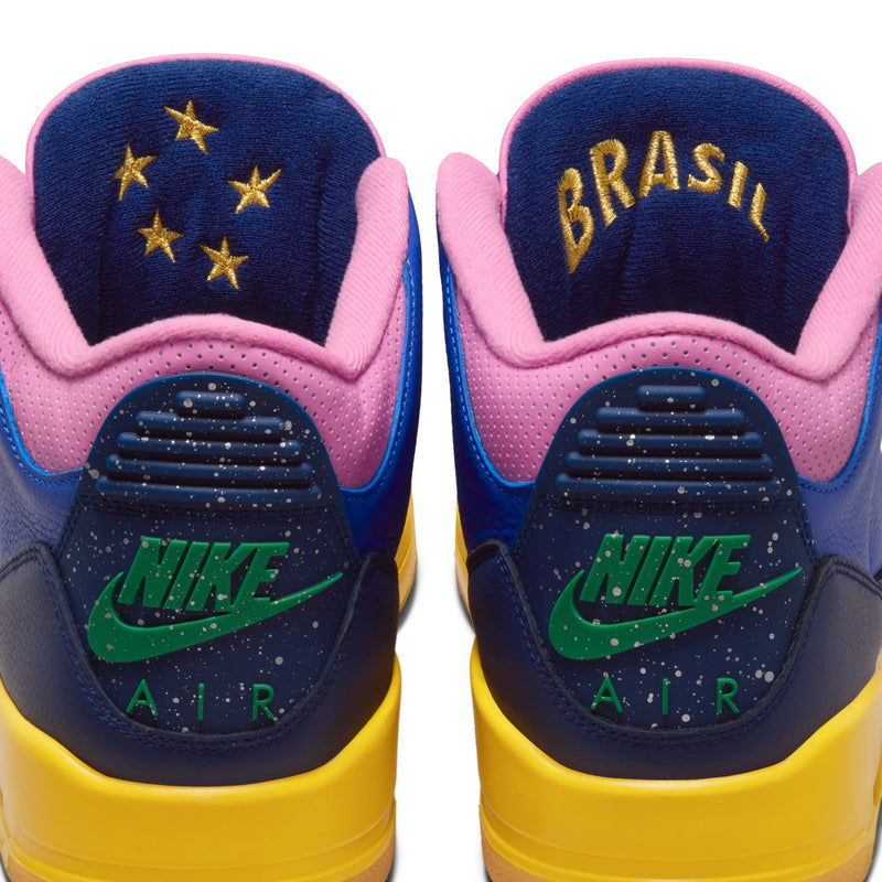 Back view of men's retro high-top sneakers with 'BRASIL' heel text and star embroidery, yellow soles.