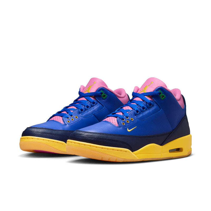 Men's retro high-top sneakers, blue upper with pink lining, navy side panel, yellow sole.